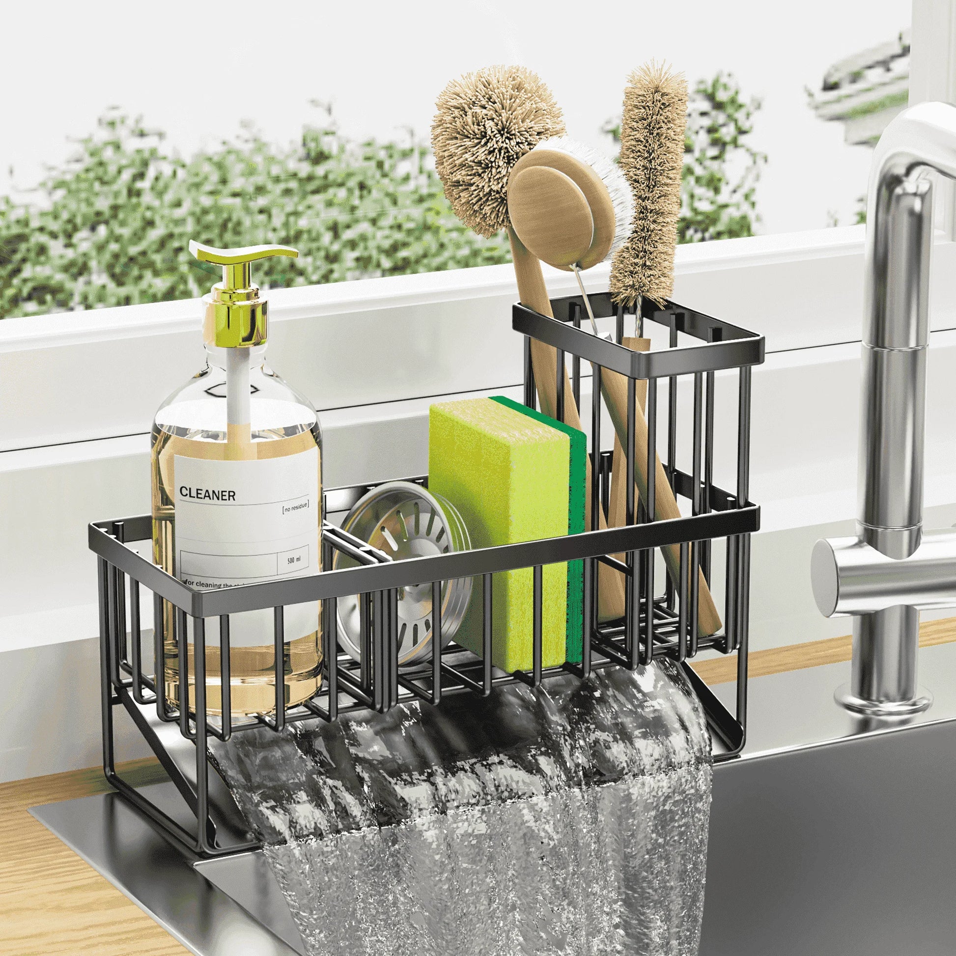 Cisily Kitchen Item Sink Caddy Kitchen Organizer, Sponge Holder for Kitchen Sink, Drain on an Incline Kitchen Sink Organizer,Rust-Resistant Metal Black Sink Caddy,Sink Caddy with Brush Holder