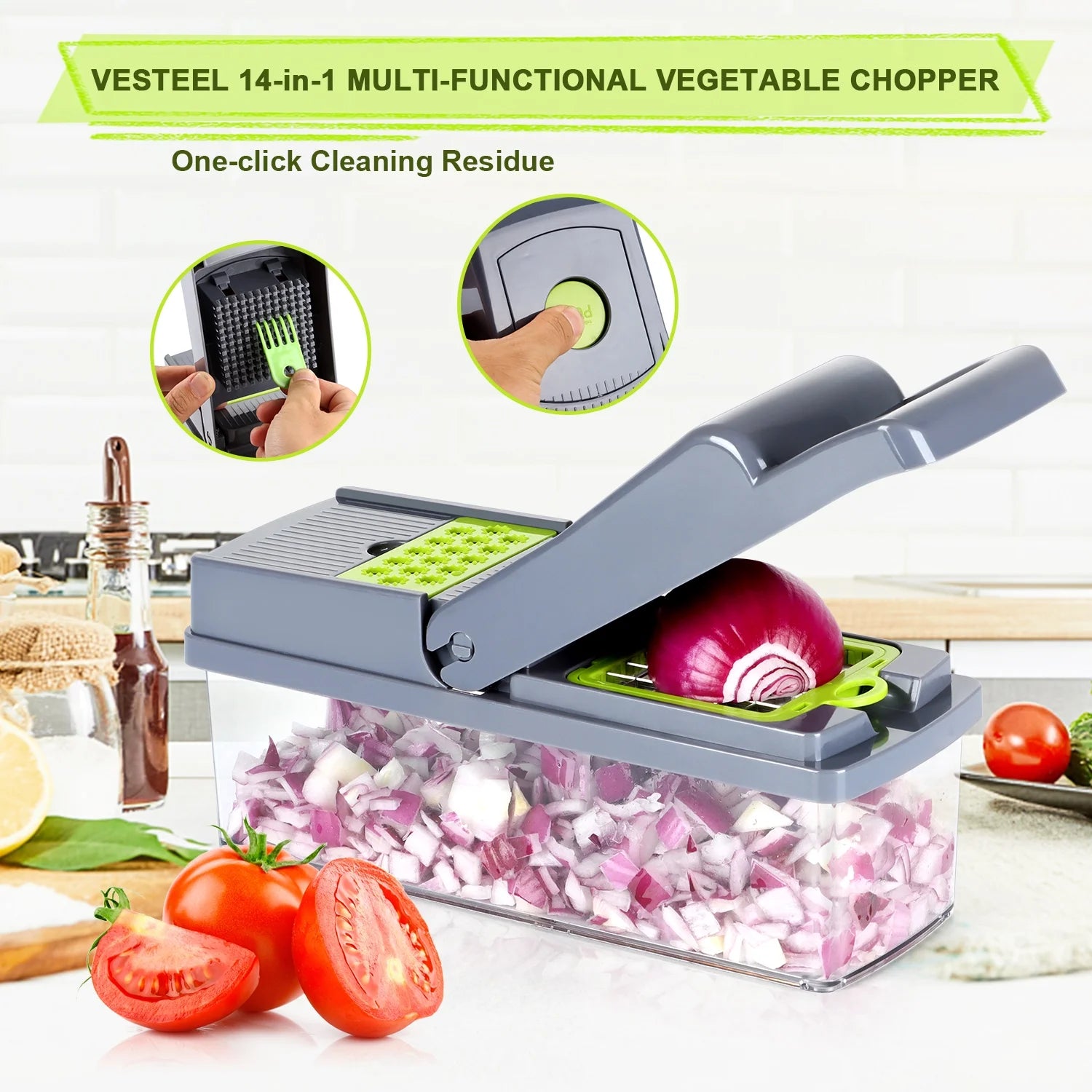 14 in 1 Vegetable Chopper, Multifunctional Food Chopper Vegetable Fruit Cutter Dicer Slicer with 8 Blades, Onion Chopper with Container & Drain Basket