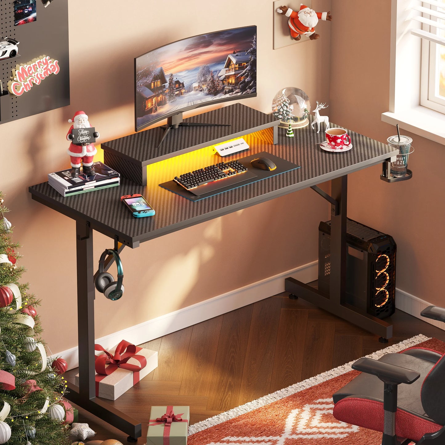 42" PC Computer Gaming Desk with LED Lights & Monitor Stand & Headphone Hook & Cup Holder, Black