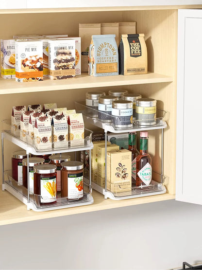 2 Pack Set under Sink Organizers and Storage, 2 Tier Sliding Bathroom Sink Organizer, Multi-Use under Kitchen Cabinet Storage Shelf (S&L), Transparent