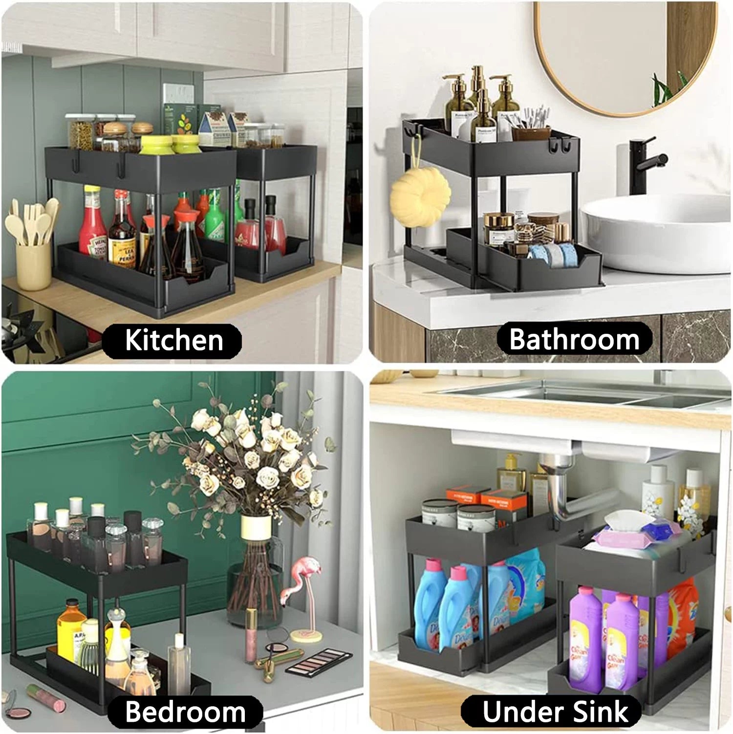 2-Pack under Sink Organizer, 2 Tier Sliding under Sink Storage, for Bathroom & Kitchen