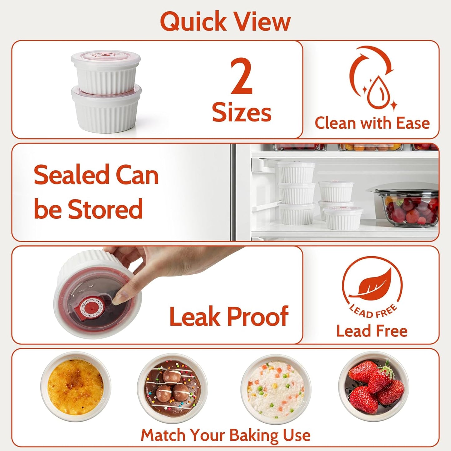 6-Pack 8 Oz Porcelain Ramekins with Lids, White Souffle Dishes for Baking, Creme Brulee Cups, Oven-Friendly Pudding Custard Bowls – Versatile Kitchen Essentials for Baking and Storing