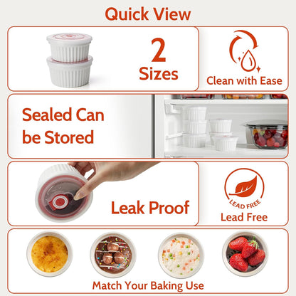 6-Pack 8 Oz Porcelain Ramekins with Lids, White Souffle Dishes for Baking, Creme Brulee Cups, Oven-Friendly Pudding Custard Bowls – Versatile Kitchen Essentials for Baking and Storing