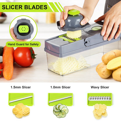 14 in 1 Vegetable Chopper, Multifunctional Food Chopper Vegetable Fruit Cutter Dicer Slicer with 8 Blades, Onion Chopper with Container & Drain Basket