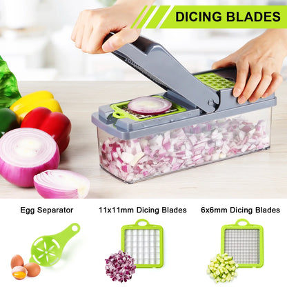 14 in 1 Vegetable Chopper, Multifunctional Food Chopper Vegetable Fruit Cutter Dicer Slicer with 8 Blades, Onion Chopper with Container & Drain Basket