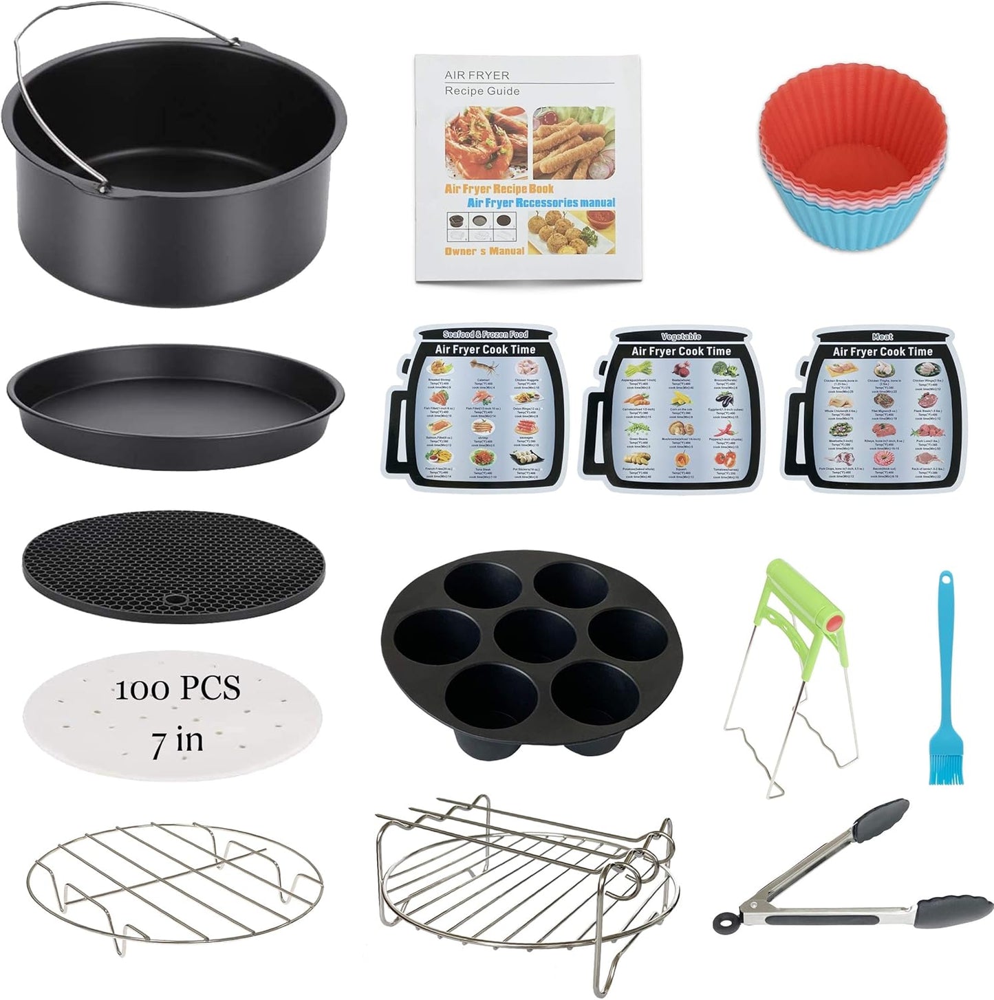 Air Fryer Accessories 13PCS for Phillips Nuwave Gowise Gourmia Ninja Dash Air Fryer, Fit All 3.2-4.0-5.8QT Air Fryer with 7 Inch Cake Pan, Pizza Pan, Silicone Baking Cups, Skewer Rack, Parchment Paper