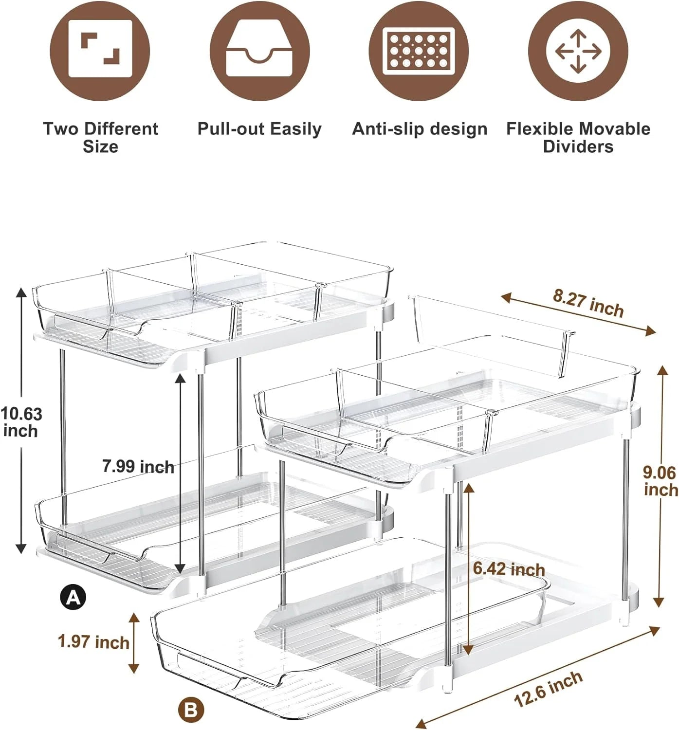 2 Pack Set under Sink Organizers and Storage, 2 Tier Sliding Bathroom Sink Organizer, Multi-Use under Kitchen Cabinet Storage Shelf (S&L), Transparent